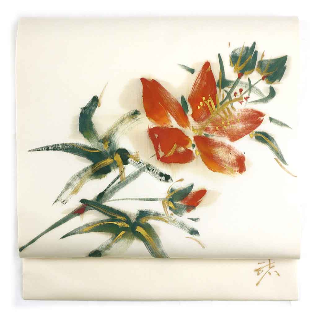 名古屋帯 リサイクル帯 幅30cm 長さ366cm レディース 花柄 秋冬春用 正絹（シルク）ホワイト やや難 リメイク リユース【ランクB】