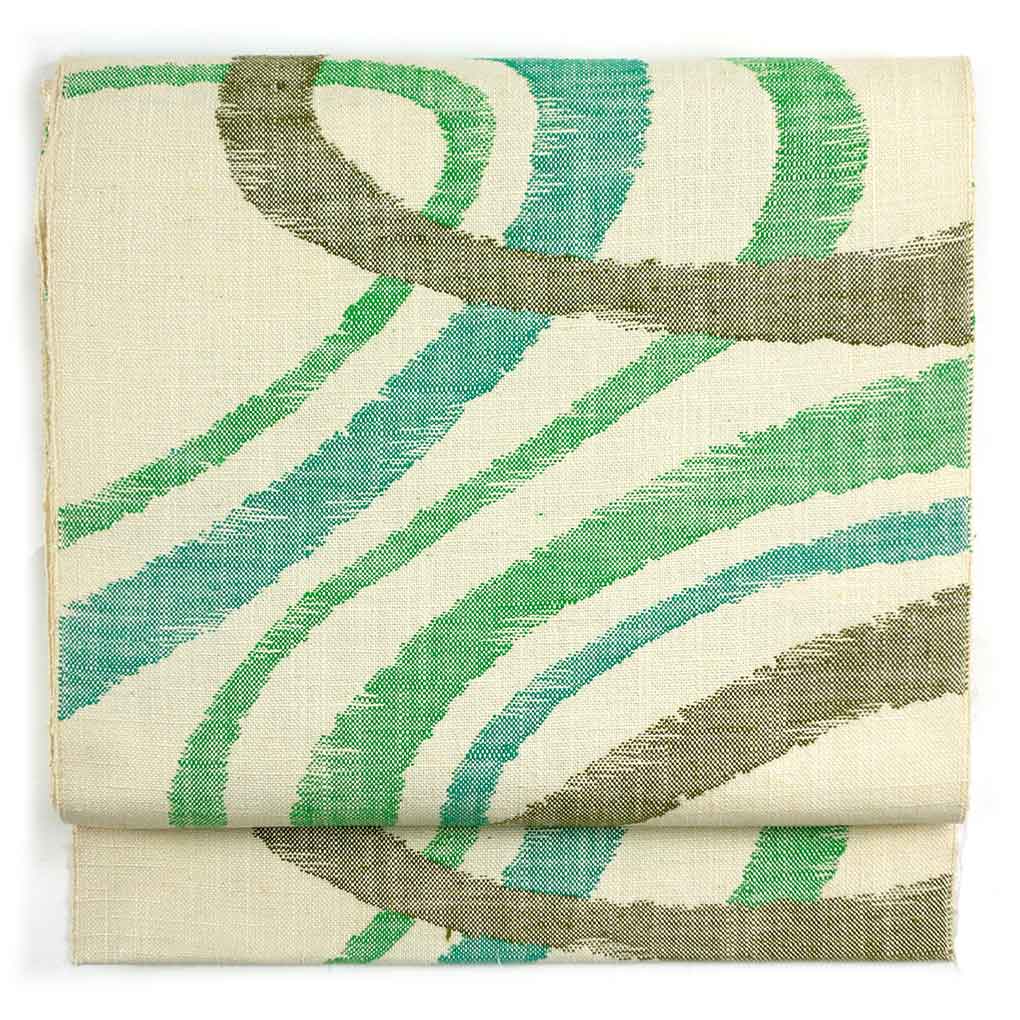 名古屋帯 リサイクル帯 幅31.5cm 長さ350cm レディース 抽象柄 秋冬春用 正絹（シルク）ホワイト 美品 リメイク リユース【ランクA】