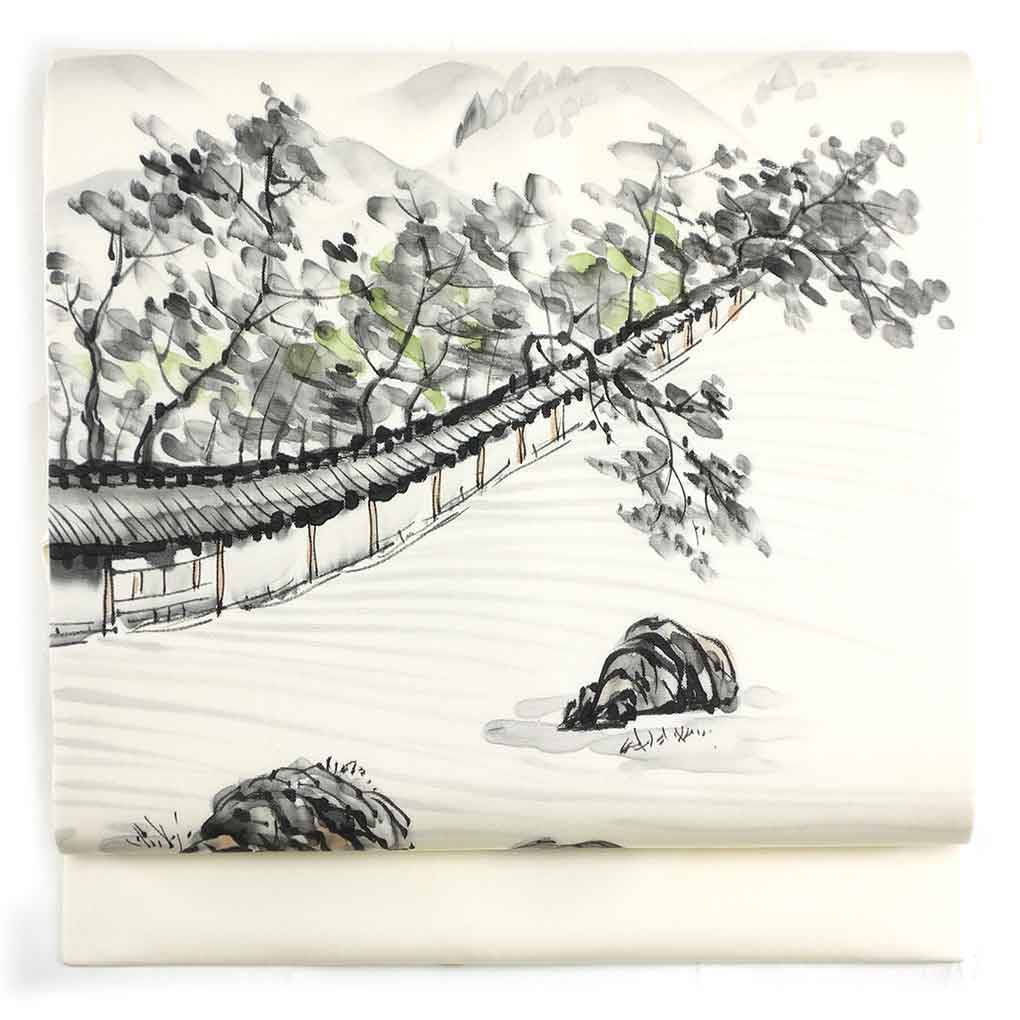 名古屋帯 リサイクル帯 幅30cm 長さ375cm レディース 風景画 秋冬春用 正絹（シルク）ホワイト 美品 リメイク リユース【ランクA】