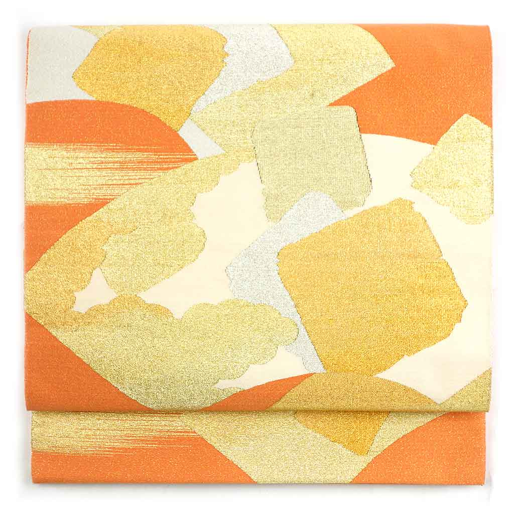 袋帯 リサイクル帯 幅31cm 長さ453cm レディース 扇面 秋冬春用 正絹（シルク）オレンジ 美品 リメイク リユース【ランクA】