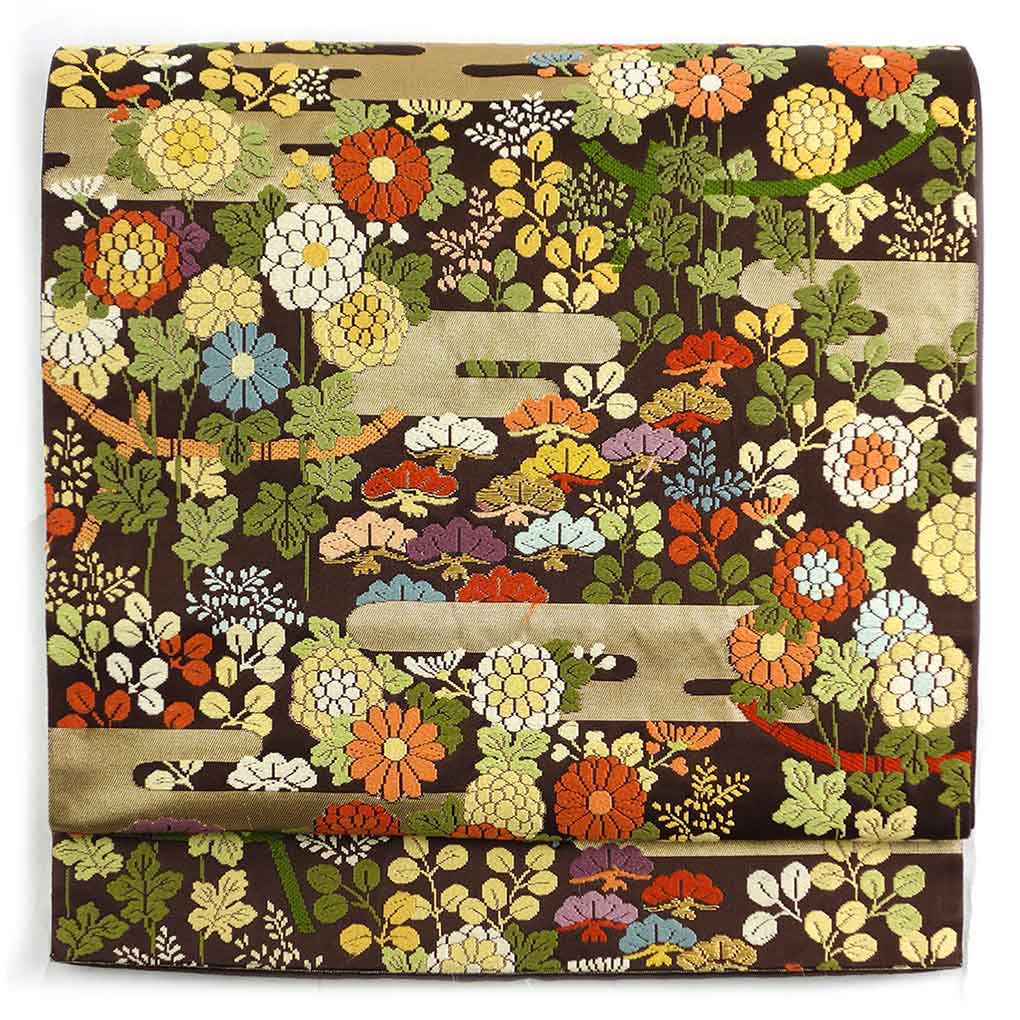袋帯 リサイクル帯 幅31cm 長さ426cm レディース 花柄 秋冬春用 正絹（シルク）ブラウン 美品 リメイク リユース【ランクA】