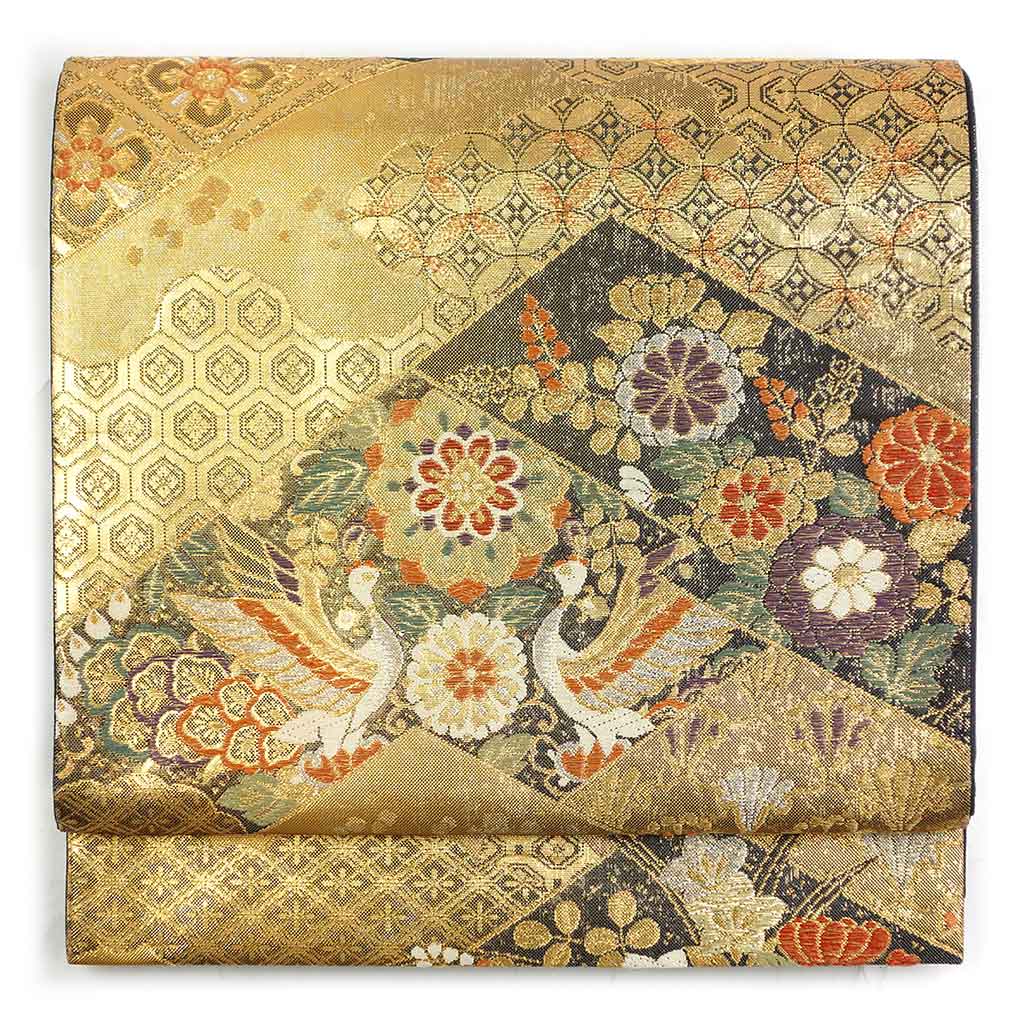 袋帯 リサイクル帯 幅31cm 長さ426cm レディース 花柄 秋冬春用 正絹（シルク）ゴールド 美品 リメイク リユース【ランクA】