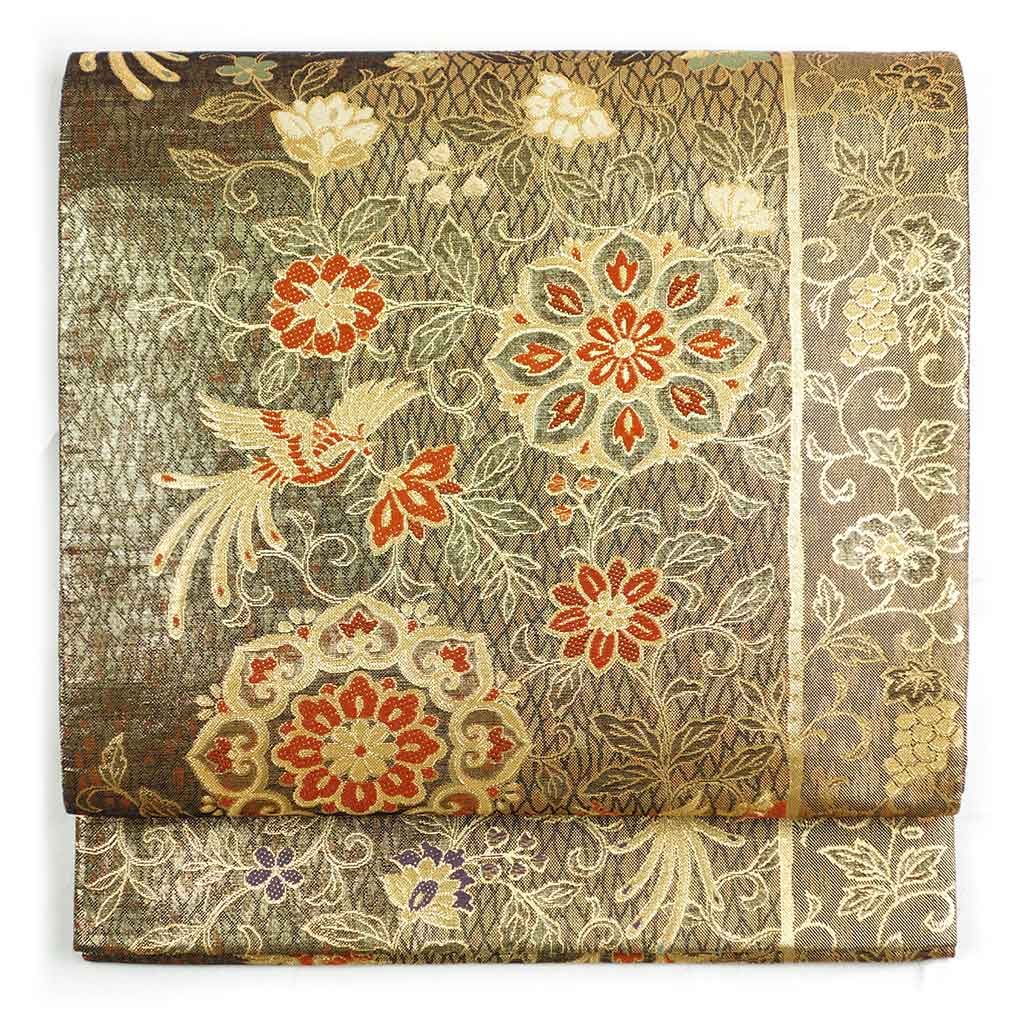 袋帯 リサイクル帯 幅31cm 長さ435cm レディース 花柄 秋冬春用 正絹（シルク）ゴールド 美品 リメイク リユース【ランクA】