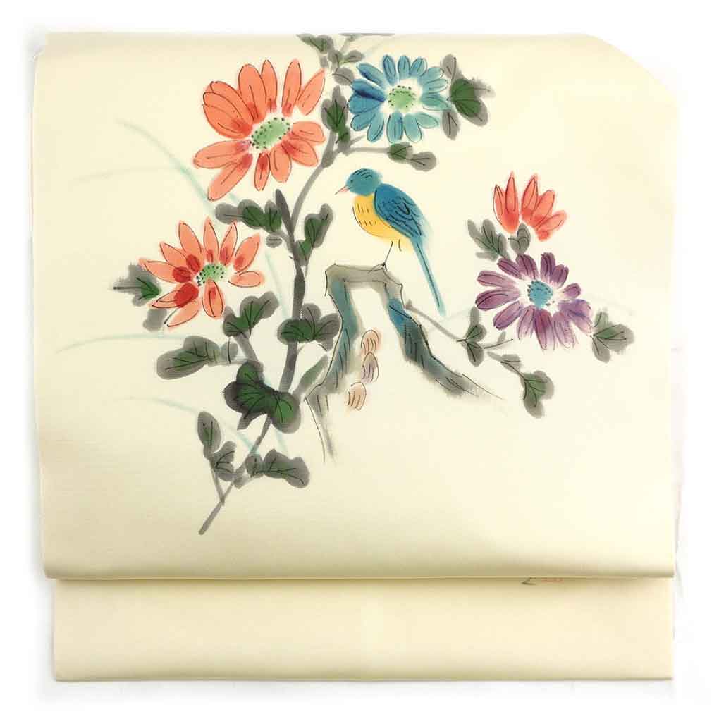 名古屋帯 リサイクル帯 幅29.5cm 長さ372cm レディース ウグイス 秋冬春用 正絹（シルク）ホワイト 未使用品 作家もの リメイク リユース【ランクS】