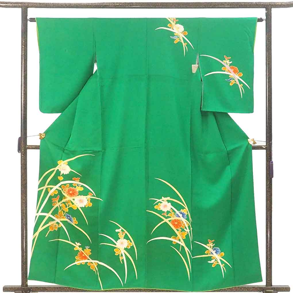訪問着 リサイクル着物 身丈160cm 裄63cm 前幅25cm 後幅29.5cm 袖丈56cm 袖幅32cm レディース 袷 花柄 裄Mサイズ 秋冬春用 正絹（シルク）グリーン 難有り リメイク リユース【ランクC】