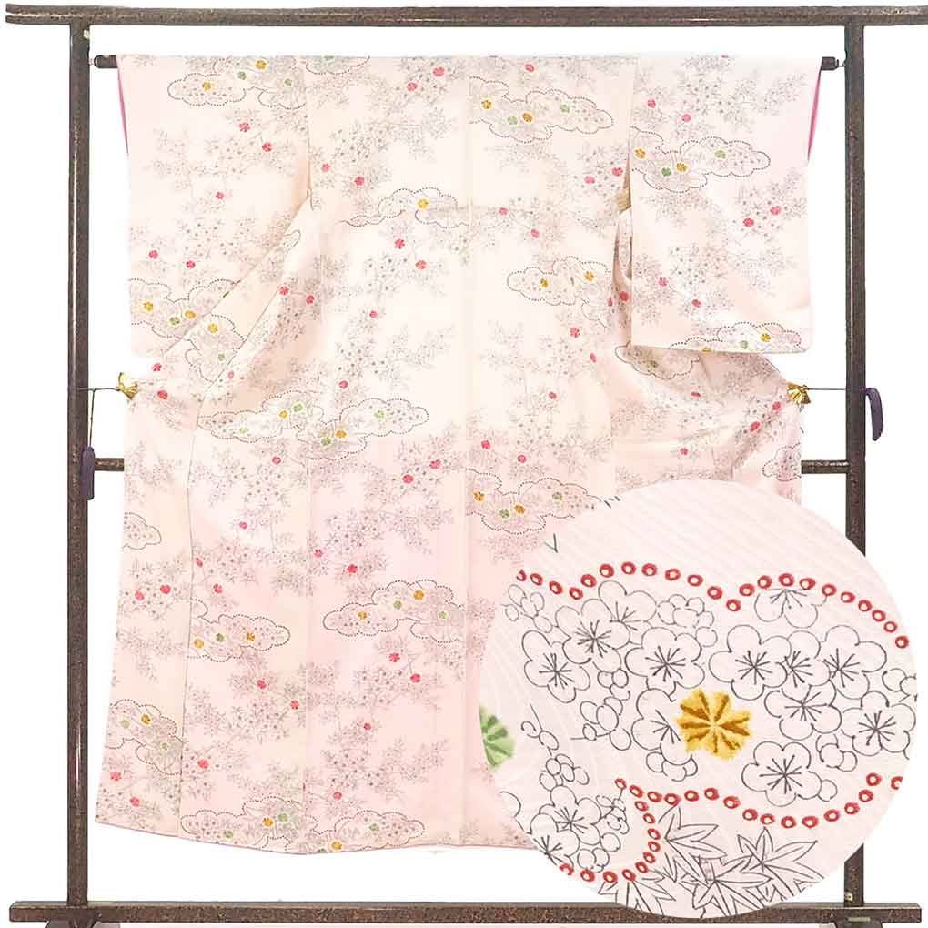 小紋 リサイクル着物 身丈151cm 裄63cm 前幅23cm 後幅29cm 袖丈56cm 袖幅32cm レディース 袷 花柄 裄Mサイズ 秋冬春用 正絹（シルク）ホワイト やや難 リメイク リユース【ランクB】