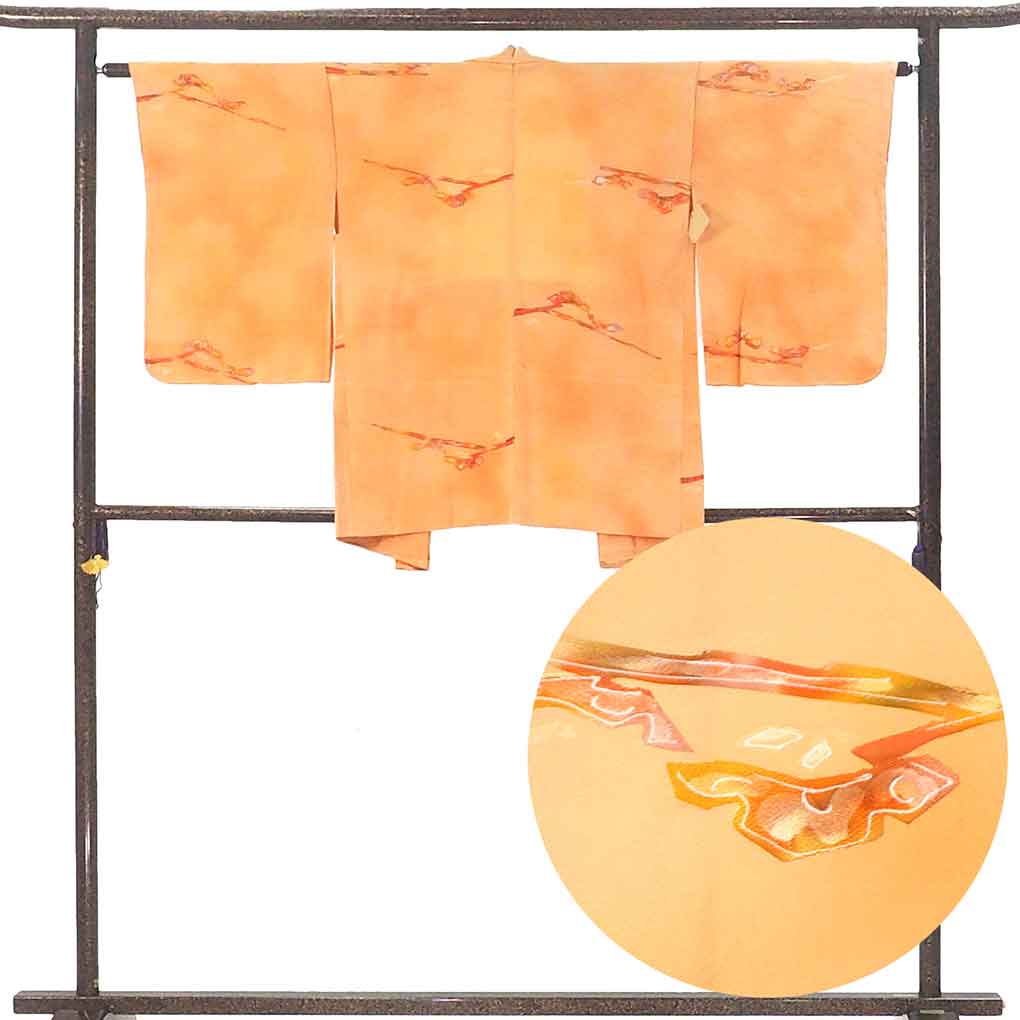 羽織 リサイクル着物 羽織丈79cm 裄63cm 袖丈54cm 袖幅32cm レディース 袷 抽象柄 裄Mサイズ 秋冬春用 正絹（シルク）オレンジ 未使用品 リメイク リユース【ランクS】