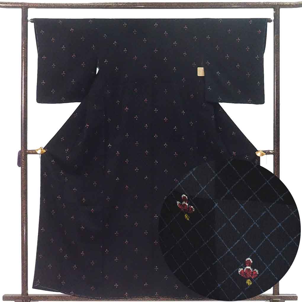 小紋 リサイクル着物 身丈159cm 裄64cm 前幅24cm 後幅28cm 袖丈49cm 袖幅49cm レディース 袷 抽象柄 裄Mサイズ 秋冬春用 正絹（シルク）ブラック 未使用品 リメイク リユース【ランクS】