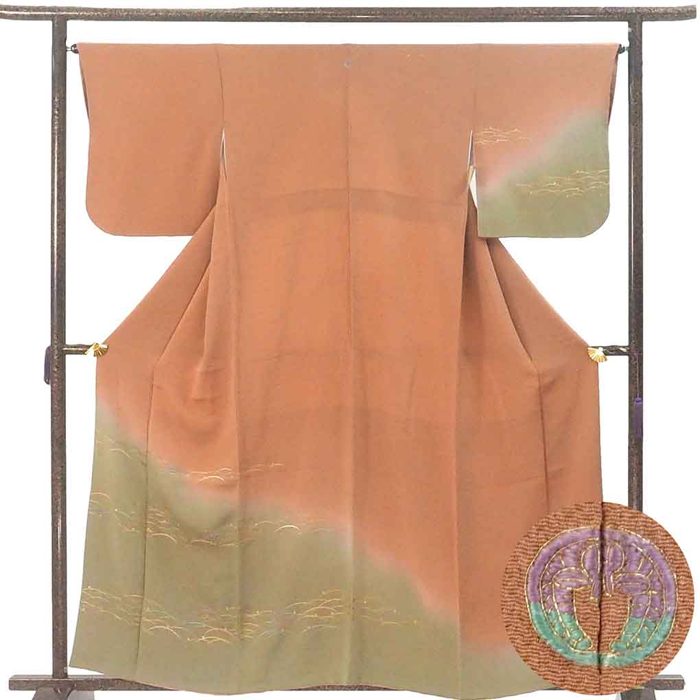 訪問着 リサイクル着物 身丈161cm 裄65cm 前幅26cm 後幅30.5cm 袖丈48cm 袖幅33cm レディース 袷 露芝 裄Mサイズ 秋冬春用 正絹（シルク）ブラウン 美品 リメイク リユース【ランクA】