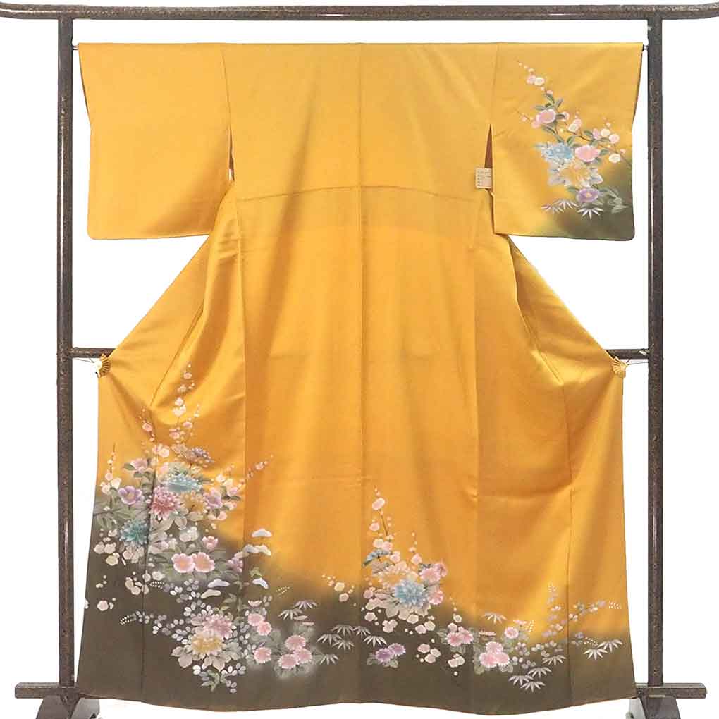 訪問着 リサイクル着物 身丈164cm 裄67cm 前幅24cm 後幅30.5cm 袖丈49cm 袖幅34cm レディース 袷 花柄 裄長 裄Lサイズ 秋冬春用 正絹（シルク）イエロー トールサイズ 美品 リメイク リユース【ランクA】