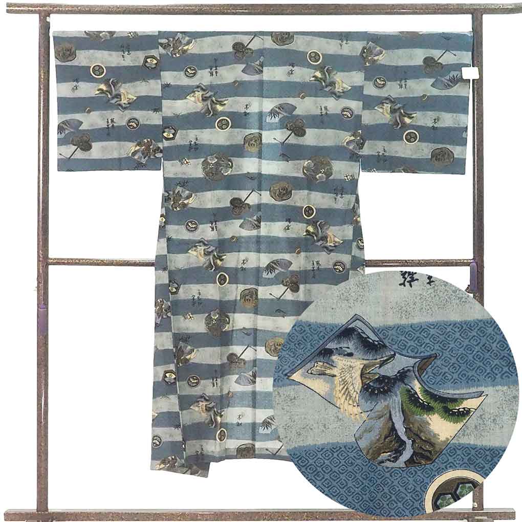 男物長襦袢 リサイクル着物 襦袢丈140cm 裄68cm 袖丈47cm 袖幅34cm メンズ 胴抜袖無双 連続模様 裄長 裄Lサイズ 秋冬春用 ウール グレー 美品 リメイク リユース【ランクA】