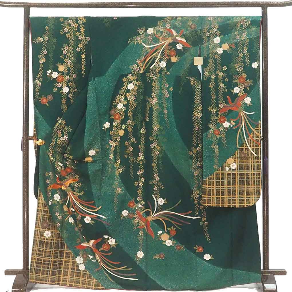 振袖と長襦袢セット リサイクル着物 身丈171cm 裄69cm 前幅24cm 後幅30cm 袖丈117cm 袖幅34.5cm レディース 袷 鳳凰 裄長 裄L-LLサイズ 秋冬春用 正絹（シルク）グリーン トールサイズ 美品 リメイク リユース【ランクA】