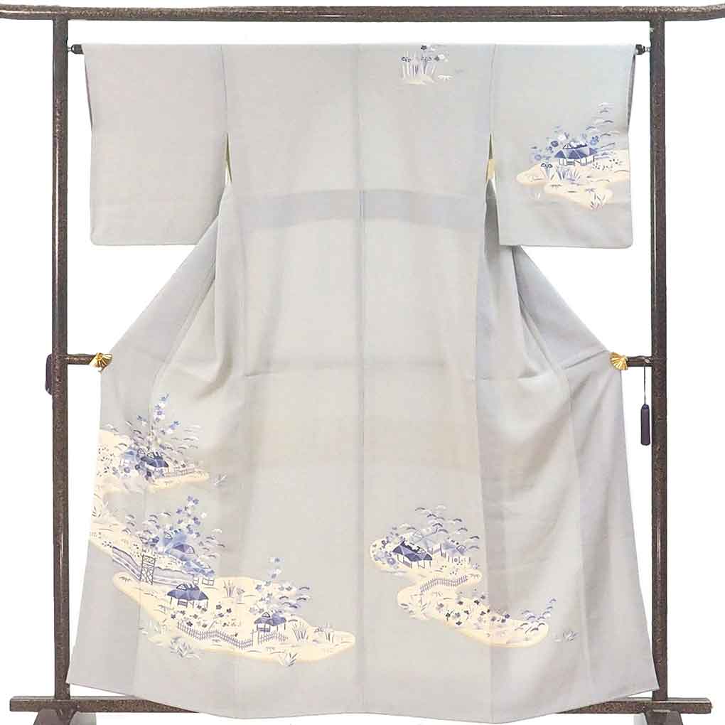 訪問着 リサイクル着物 身丈162cm 裄64cm 前幅24.5cm 後幅30.5cm 袖丈48cm 袖幅32cm レディース 袷 菖蒲 裄Mサイズ 秋冬春用 正絹（シルク）グレー 難有り リメイク リユース【ランクC】