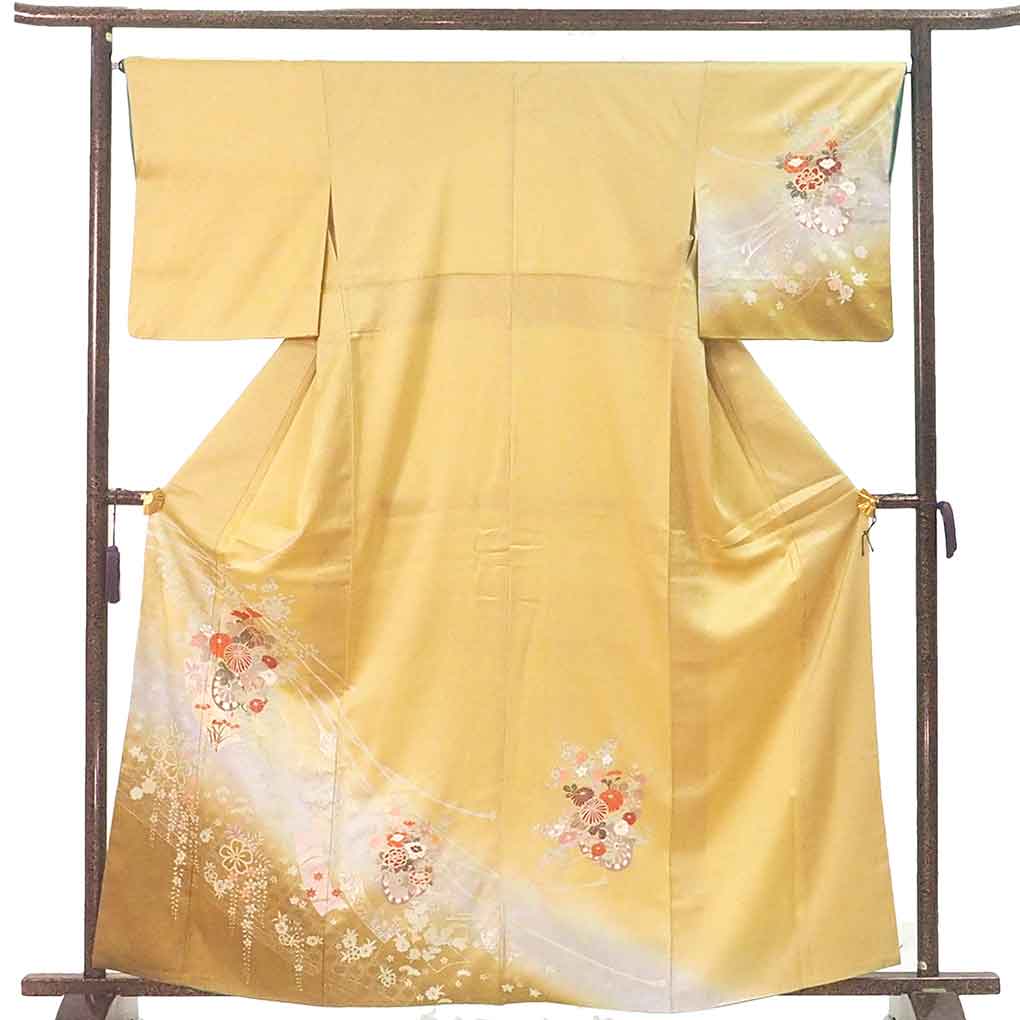 訪問着 リサイクル着物 身丈163cm 裄66cm 前幅24cm 後幅29cm 袖丈49cm 袖幅33cm レディース 袷 花車 裄長 裄M-Lサイズ 秋冬春用 正絹（シルク）イエロー 美品 リメイク リユース【ランクA】