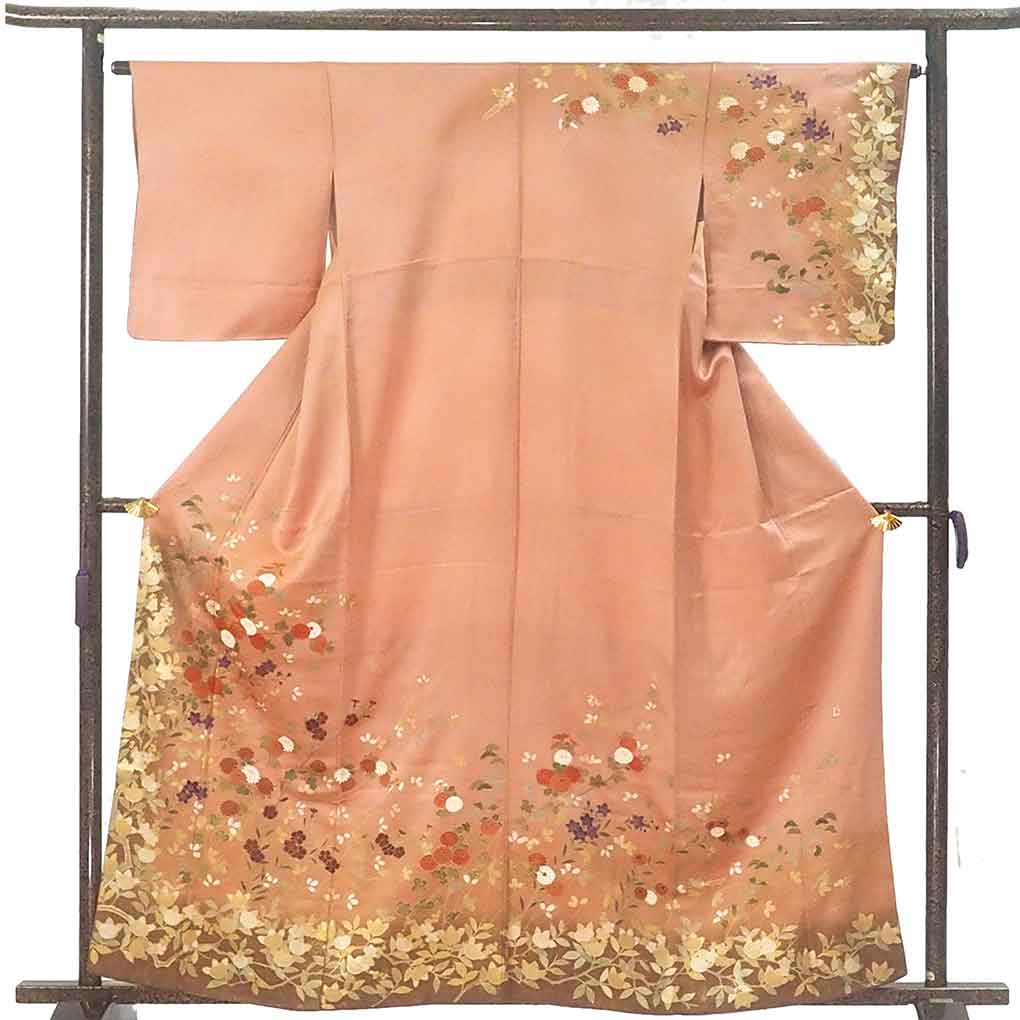 訪問着 リサイクル着物 身丈162cm 裄64cm 前幅24cm 後幅30cm 袖丈48cm 袖幅32cm レディース 袷 金彩 裄Mサイズ 秋冬春用 正絹（シルク）ピンク 美品 リメイク リユース【ランクA】