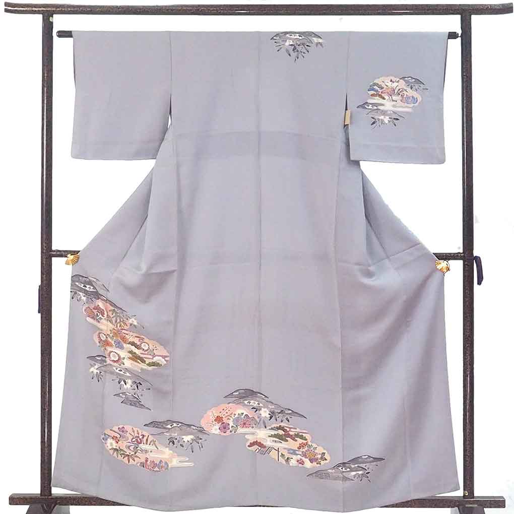 訪問着 リサイクル着物 身丈162cm 裄62cm 前幅24cm 後幅29.5cm 袖丈45cm 袖幅32.5cm レディース 袷 花柄 裄Sサイズ 秋冬春用 正絹（シルク）グレー やや難 リメイク リユース【ランクB】