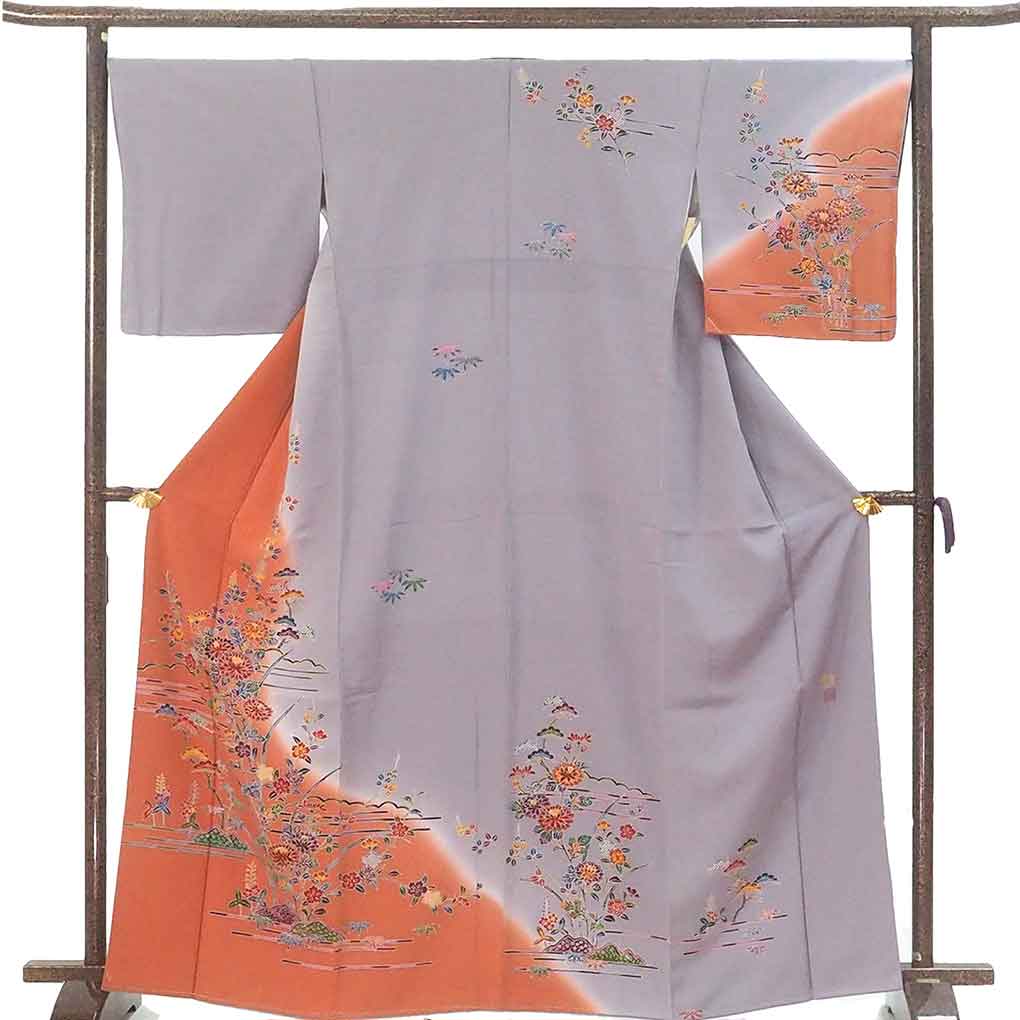 訪問着 リサイクル着物 身丈166cm 裄68cm 前幅24cm 後幅30cm 袖丈49cm 袖幅34cm レディース 袷 花柄 裄長 裄Lサイズ 秋冬春用 正絹（シルク）グレー トールサイズ 未使用品 作家もの リメイク リユース【ランクS】
