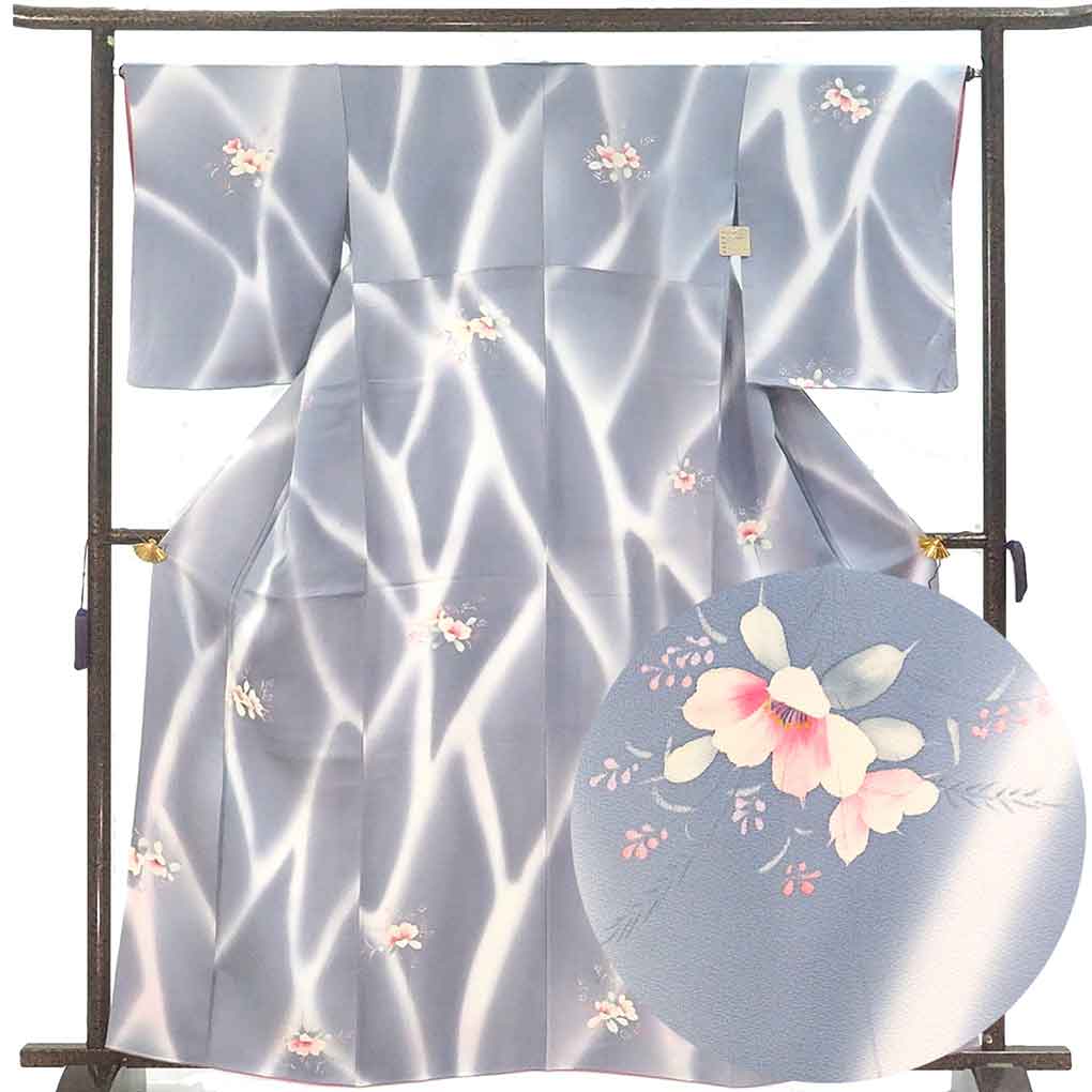 小紋 リサイクル着物 身丈162cm 裄66cm 前幅24cm 後幅30cm 袖丈52cm 袖幅34cm レディース 袷 花柄 裄長 裄M-Lサイズ 秋冬春用 正絹（シルク）グレー 未使用品 リメイク リユース【ランクS】