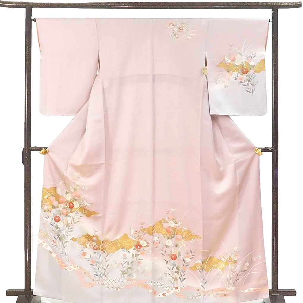 訪問着 リサイクル着物 身丈165cm 裄66cm 前幅23cm 後幅30cm 袖丈56cm 袖幅33cm レディース 袷 花柄 裄長 裄M-Lサイズ 秋冬春用 正絹（シルク）ピンク トールサイズ 美品 リメイク リユース【ランクA】