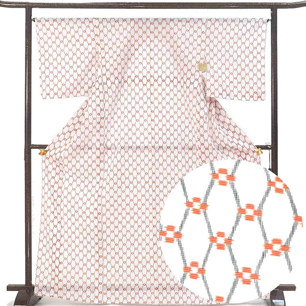 小紋 リサイクル着物 身丈170cm 裄66cm 前幅25cm 後幅31cm 袖丈49cm 袖幅34cm レディース 連続模様 裄長 裄M-Lサイズ 夏用 ポリエステル ホワイト トールサイズ 美品 リメイク リユース【ランクA】