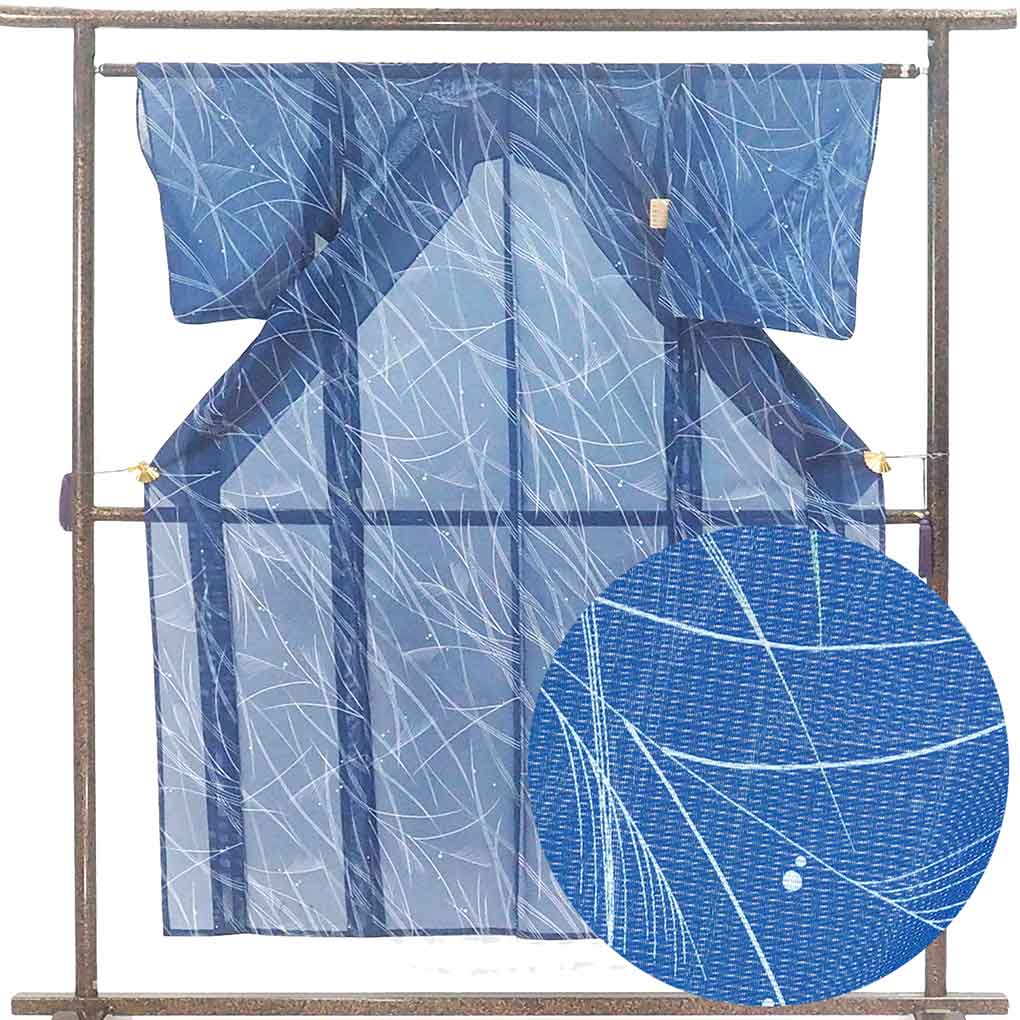 小紋 リサイクル着物 身丈152cm 裄62cm 前幅23cm 後幅29cm 袖丈49cm 袖幅32cm レディース ススキ 裄Sサイズ 夏用 ポリエステル ネイビー 未使用品 リメイク リユース【ランクS】