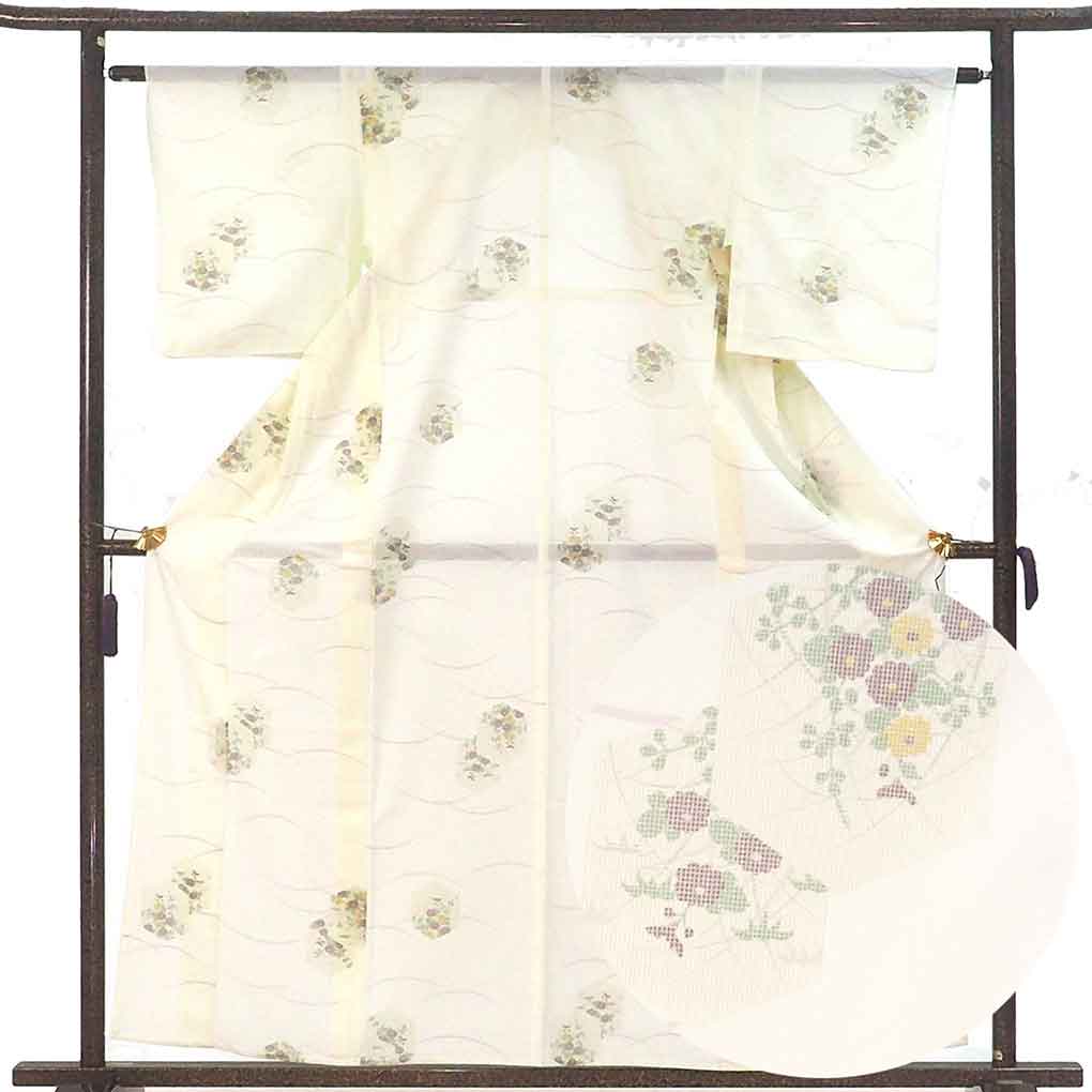 小紋 リサイクル着物 身丈160cm 裄63cm 前幅23cm 後幅29cm 袖丈49cm 袖幅33cm レディース 露芝 裄Mサイズ 夏用 ポリエステル イエロー 美品 リメイク リユース【ランクA】