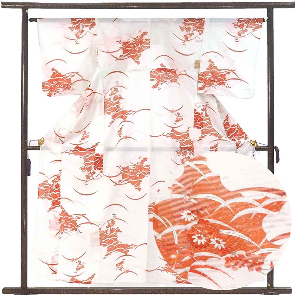 小紋 リサイクル着物 身丈158cm 裄65cm 前幅25cm 後幅31cm 袖丈49cm 袖幅33cm レディース 露芝 裄Mサイズ 夏用 ポリエステル ブルー 美品 リメイク リユース【ランクA】