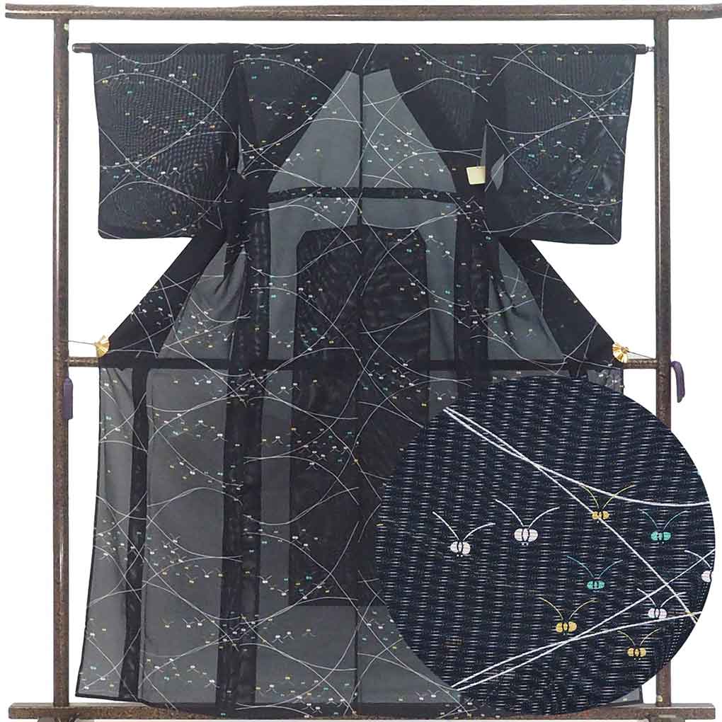 小紋 リサイクル着物 身丈162cm 裄64cm 前幅24.5cm 後幅29cm 袖丈49cm 袖幅33cm レディース 抽象柄 裄Mサイズ 夏用 ポリエステル ブラック 美品 リメイク リユース【ランクA】