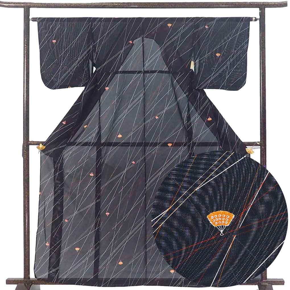 小紋 リサイクル着物 身丈162cm 裄63cm 前幅24cm 後幅30cm 袖丈45cm 袖幅32cm レディース 扇面 裄Mサイズ 夏用 ポリエステル ブラック 美品 リメイク リユース【ランクA】