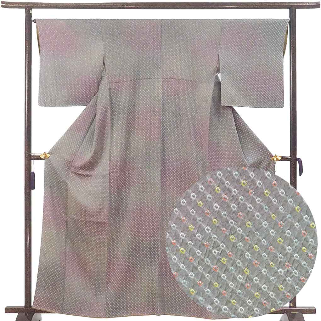 小紋 リサイクル着物 身丈162cm 裄66cm 前幅23.5cm 後幅29.5cm 袖丈49cm 袖幅34cm レディース 袷 絞り 裄長 裄M-Lサイズ 秋冬春用 正絹（シルク）グリーン やや難 リメイク リユース【ランクB】