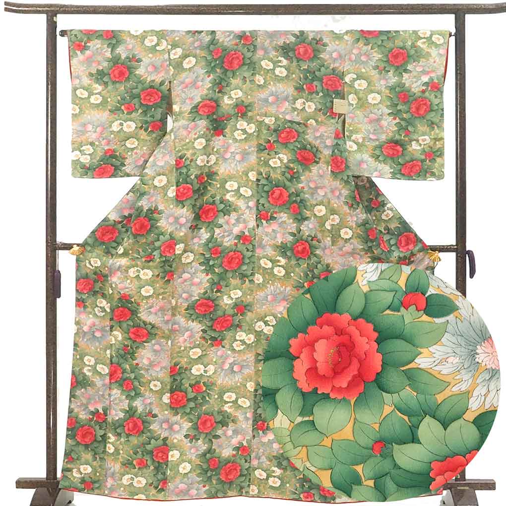 小紋 リサイクル着物 身丈165cm 裄66cm 前幅22cm 後幅30cm 袖丈52cm 袖幅33.5cm レディース 袷 花柄 裄長 裄M-Lサイズ 秋冬春用 正絹（シルク）グリーン トールサイズ 未使用品 リメイク リユース【ランクS】