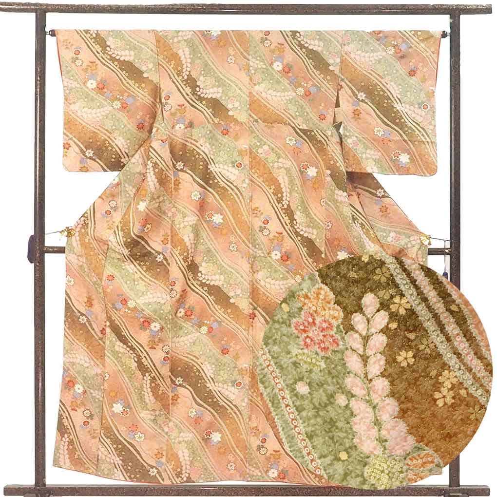 小紋 リサイクル着物 身丈158cm 裄64cm 前幅23.5cm 後幅29cm 袖丈50cm 袖幅33cm レディース 袷 花柄 裄Mサイズ 秋冬春用 正絹（シルク）ピンク 美品 リメイク リユース【ランクA】