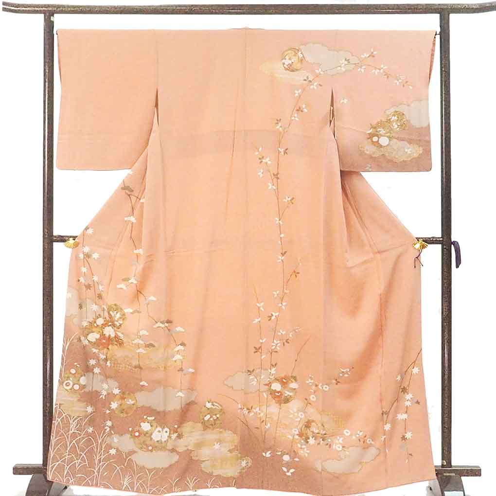 訪問着 リサイクル着物 身丈166cm 裄66cm 前幅25.5cm 後幅32cm 袖丈51cm 袖幅34cm レディース 袷 花丸紋 裄長 裄M-Lサイズ 秋冬春用 正絹（シルク）ピンク トールサイズ 美品 リメイク リユース【ランクA】