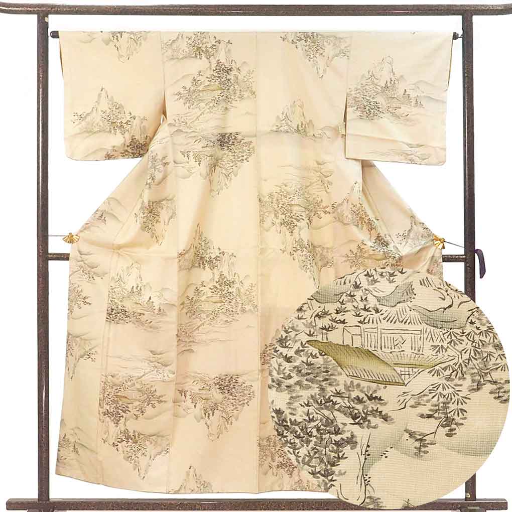 小紋 リサイクル着物 身丈157cm 裄65cm 前幅24cm 後幅30.5cm 袖丈45cm 袖幅33cm レディース 袷 風景画 裄Mサイズ 秋冬春用 正絹（シルク）ブラウン 美品 リメイク リユース【ランクA】