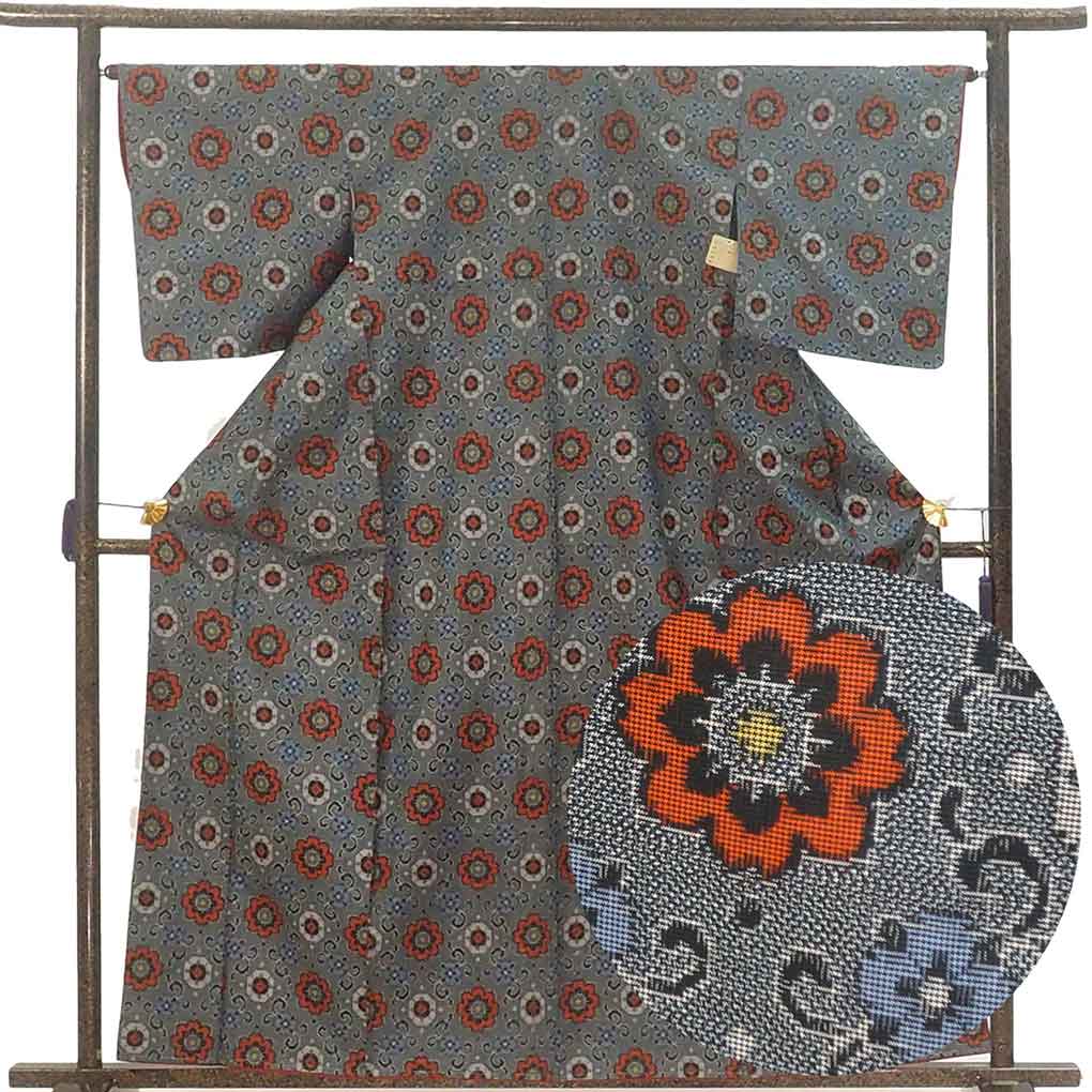 紬 リサイクル着物 身丈162cm 裄65cm 前幅23.5cm 後幅30cm 袖丈48cm 袖幅34cm レディース 袷 連続模様 裄Mサイズ 秋冬春用 正絹（シルク）ブラック 未使用品 リメイク リユース【ランクS】