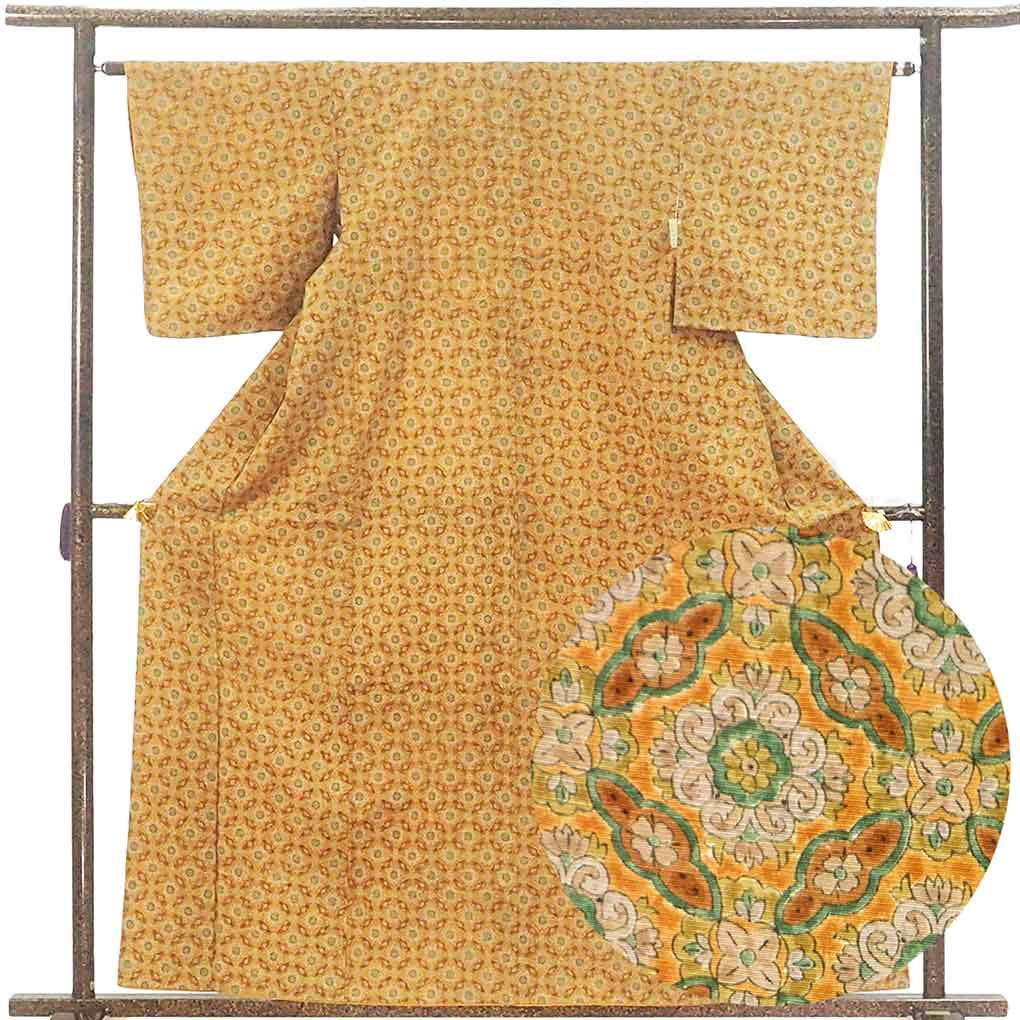 小紋 リサイクル着物 身丈161cm 裄63cm 前幅22cm 後幅28cm 袖丈48cm 袖幅33cm レディース 袷 連続模様 裄Mサイズ 秋冬春用 正絹（シルク）ブラウン 美品 リメイク リユース【ランクA】