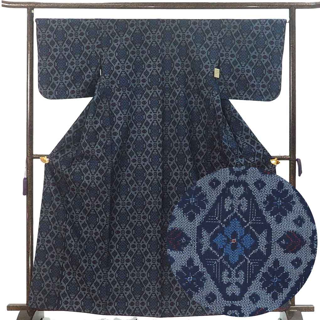 紬 リサイクル着物 身丈164cm 裄67cm 前幅26cm 後幅30cm 袖丈45.5cm 袖幅33.5cm レディース 袷 連続模様 裄長 裄Lサイズ 秋冬春用 正絹（シルク）ネイビー トールサイズ やや難 村山大島 リメイク リユース【ランクB】