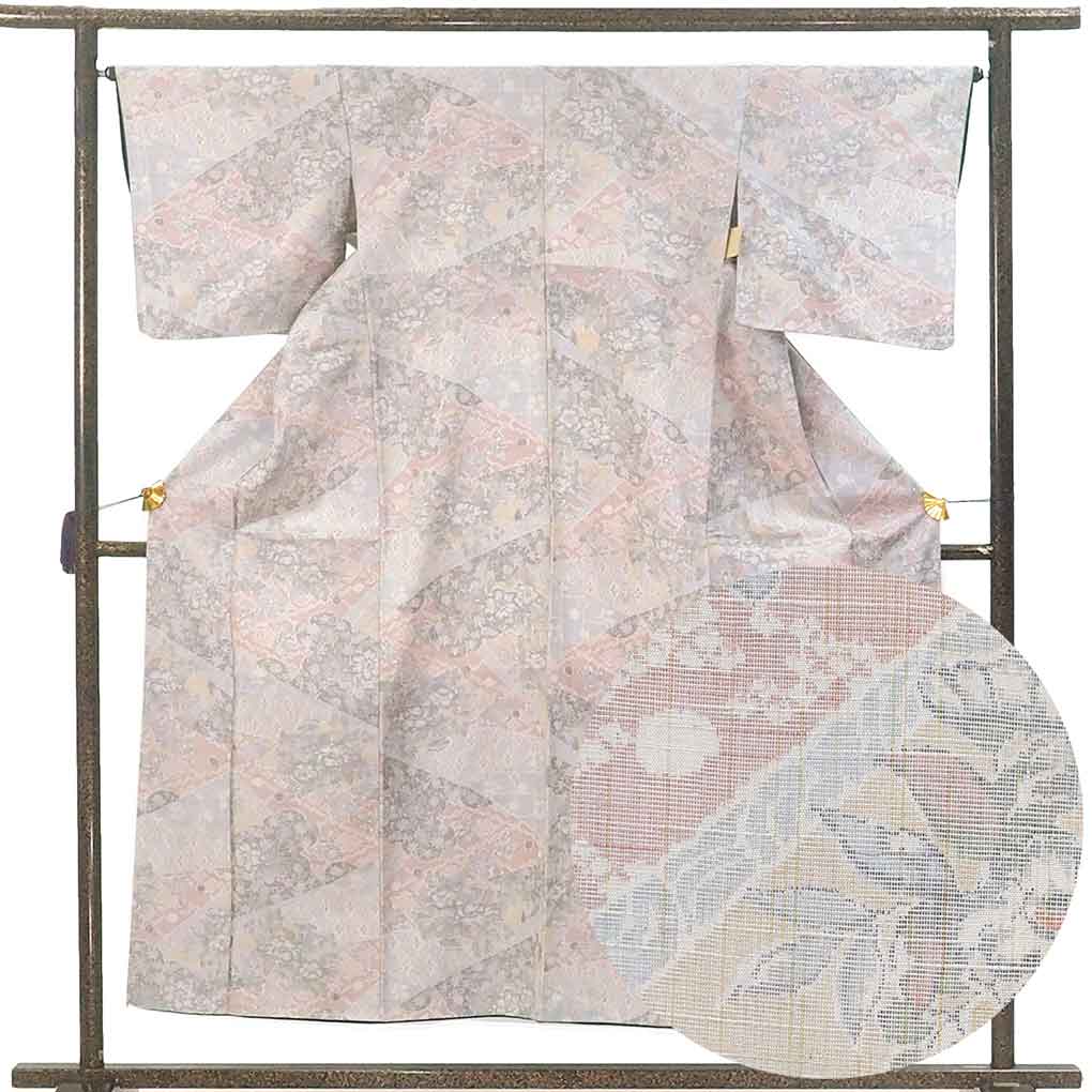 紬 リサイクル着物 身丈154cm 裄65cm 前幅24cm 後幅29.5cm 袖丈45.5cm 袖幅33cm レディース 袷 花柄 裄Mサイズ 秋冬春用 正絹（シルク）グレー 美品 リメイク リユース【ランクA】