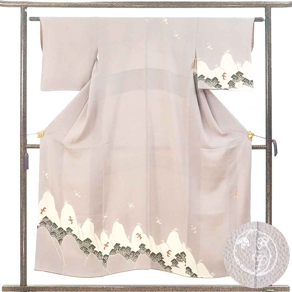 訪問着 リサイクル着物 身丈152cm 裄61cm 前幅25cm 後幅29cm 袖丈44cm 袖幅31cm レディース 袷 風景画 裄Sサイズ 秋冬春用 正絹（シルク）グレー やや難 作家もの リメイク リユース【ランクB】