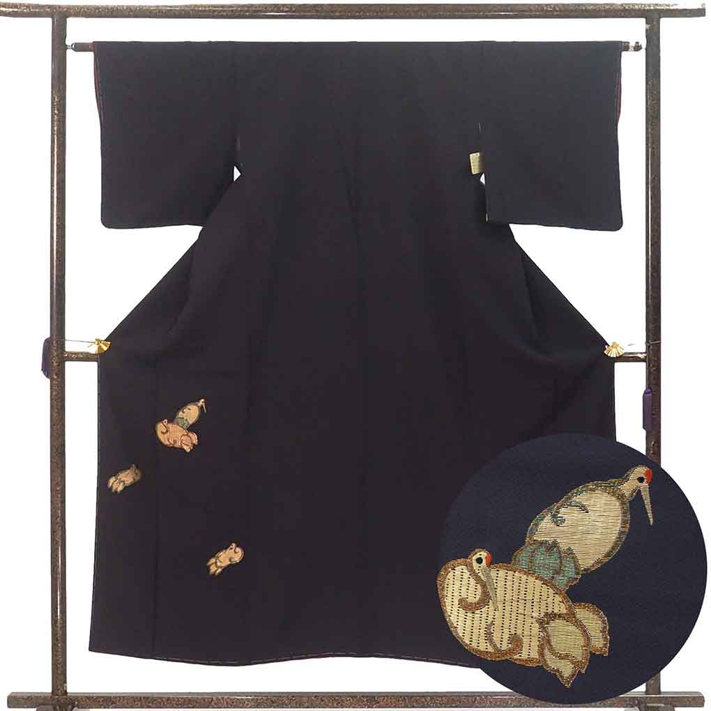 付下 リサイクル着物 身丈153cm 裄63cm 前幅22cm 後幅28cm 袖丈46cm 袖幅32.5cm レディース 袷 鶴 裄Mサイズ 秋冬春用 正絹（シルク）ブラック 未使用品 リメイク リユース【ランクS】