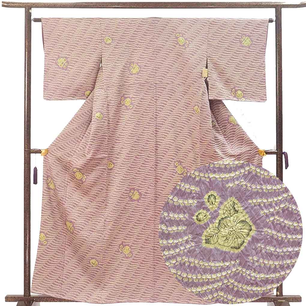 小紋 リサイクル着物 身丈162cm 裄63cm 前幅25cm 後幅28cm 袖丈48cm 袖幅32cm レディース 袷 絞り 裄Mサイズ 秋冬春用 正絹（シルク）パープル 未使用品 リメイク リユース【ランクS】