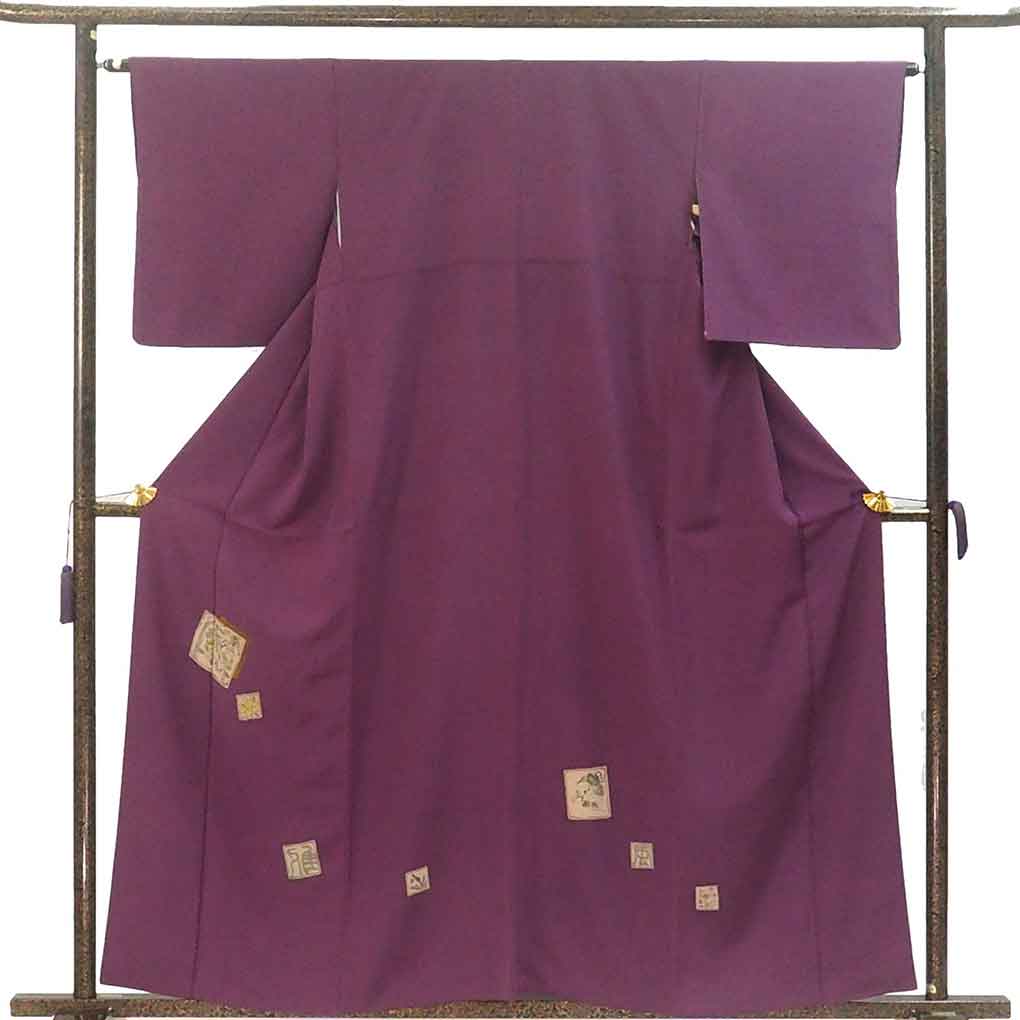 付下 リサイクル着物 身丈160cm 裄64cm 前幅25cm 後幅30.5cm 袖丈49cm 袖幅33cm レディース 袷 色紙 裄Mサイズ 秋冬春用 正絹（シルク）パープル 美品 リメイク リユース【ランクA】