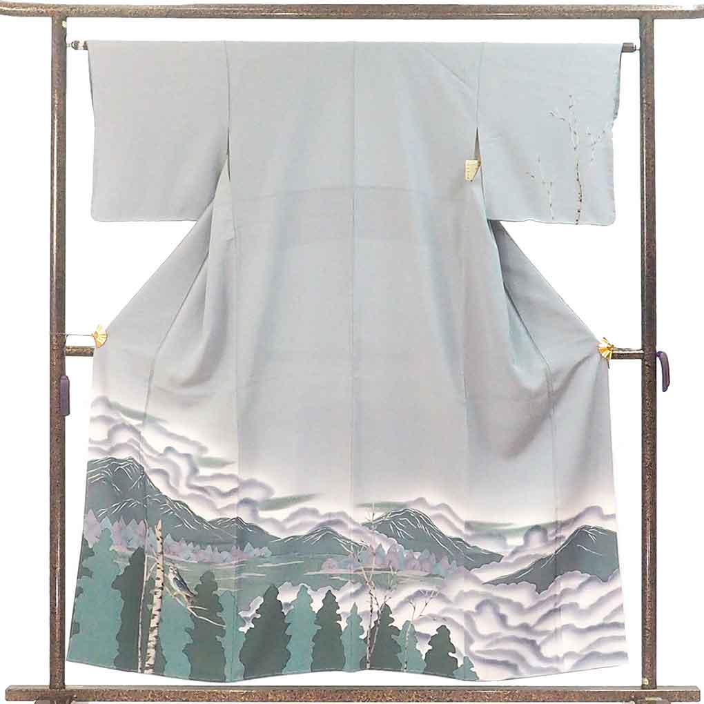 訪問着 リサイクル着物 身丈155cm 裄63cm 前幅24cm 後幅30cm 袖丈45cm 袖幅32cm レディース 袷 ふくろう 裄Mサイズ 秋冬春用 正絹（シルク）グレー 未使用品 リメイク リユース【ランクS】