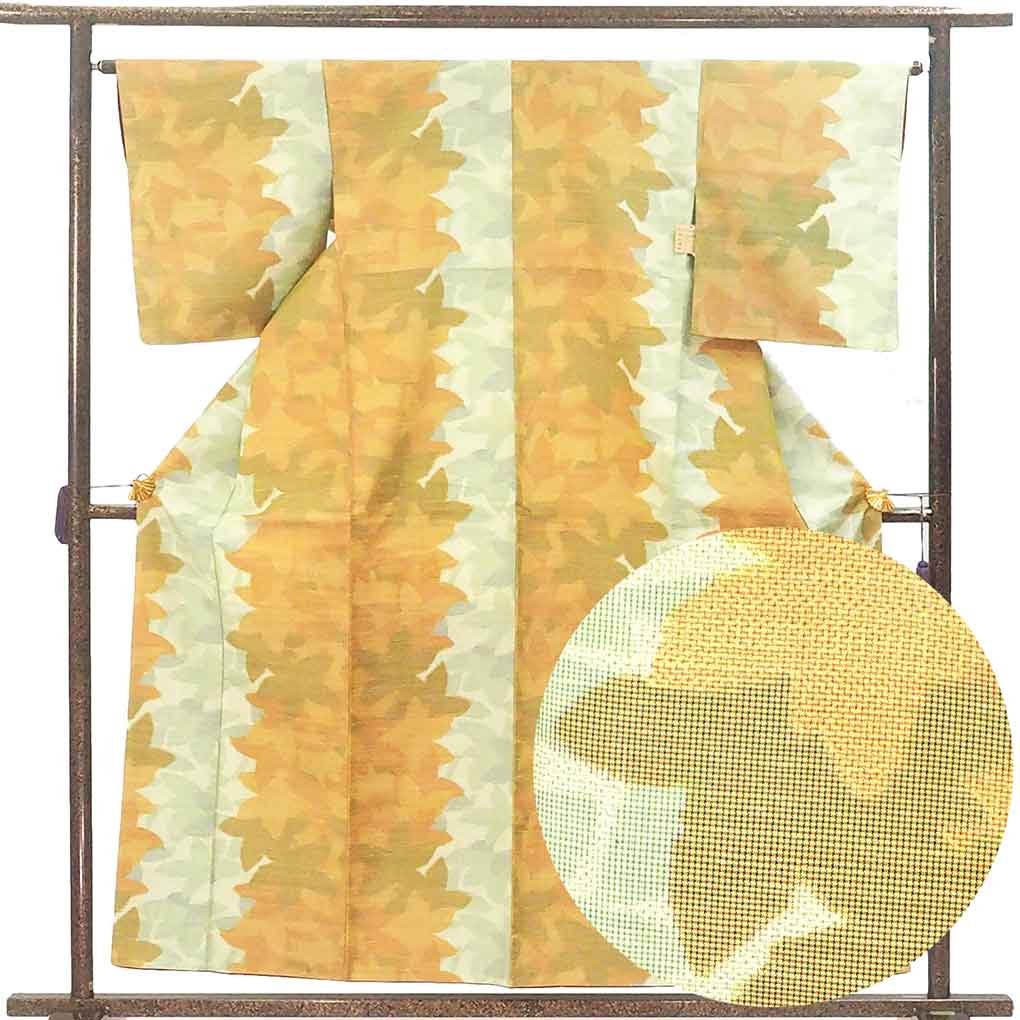 紬 リサイクル着物 身丈157cm 裄64cm 前幅23cm 後幅29cm 袖丈50cm 袖幅33cm レディース 袷 木の葉 裄Mサイズ 秋冬春用 正絹（シルク）ブラウン 美品 リメイク リユース【ランクA】