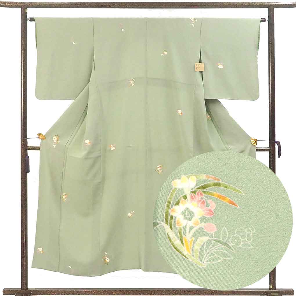 小紋 リサイクル着物 身丈151cm 裄64cm 前幅24cm 後幅31cm 袖丈48cm 袖幅32cm レディース 袷 花柄 裄Mサイズ 秋冬春用 正絹（シルク）グリーン やや難 加賀友禅 百貫石峰 リメイク リユース【ランクB】