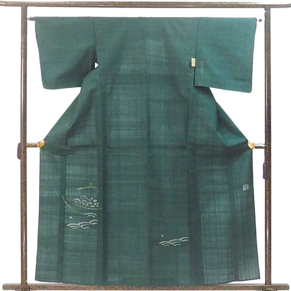 訪問着 リサイクル着物 身丈160cm 裄64cm 前幅24cm 後幅29cm 袖丈46cm 袖幅33cm レディース 単衣 船 裄Mサイズ 初夏・初秋用 正絹（シルク）グリーン 未使用品 リメイク リユース【ランクS】