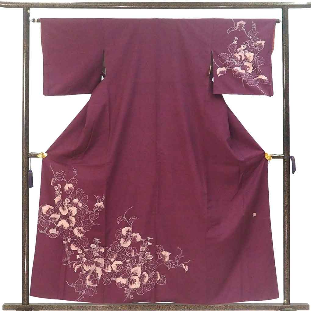 訪問着 リサイクル着物 身丈158cm 裄63cm 前幅24cm 後幅28.5cm 袖丈45cm 袖幅32cm レディース 袷 蔦柄 裄Mサイズ 秋冬春用 正絹（シルク）パープル 未使用品 リメイク リユース【ランクS】