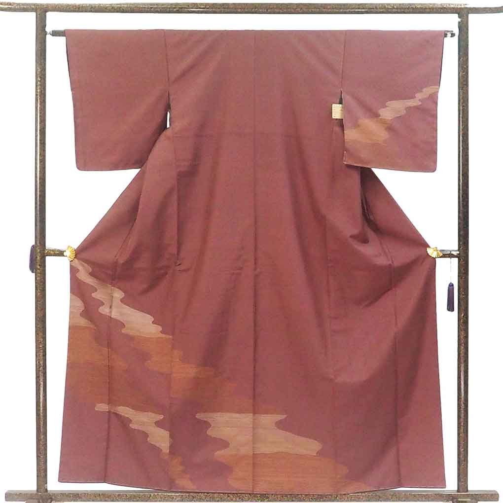 訪問着 リサイクル着物 身丈159cm 裄62cm 前幅22cm 後幅28cm 袖丈49cm 袖幅32cm レディース 袷 掬い織 裄Sサイズ 秋冬春用 正絹（シルク）パープル 未使用品 リメイク リユース【ランクS】