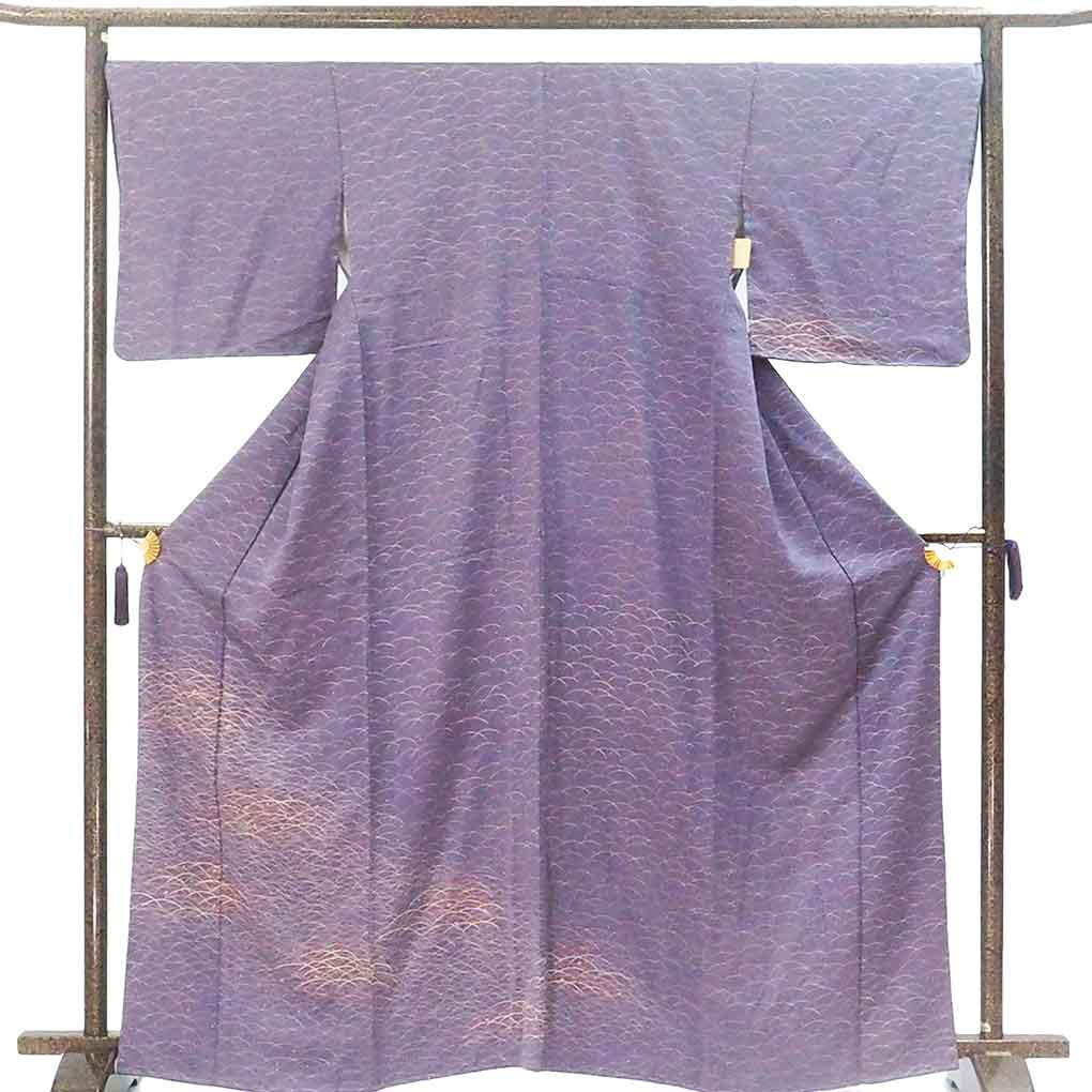 付下 リサイクル着物 身丈166cm 裄68cm 前幅25.5cm 後幅31cm 袖丈49cm 袖幅34cm レディース 袷 露芝 裄長 裄Lサイズ 秋冬春用 正絹（シルク）パープル トールサイズ 未使用品 リメイク リユース【ランクS】