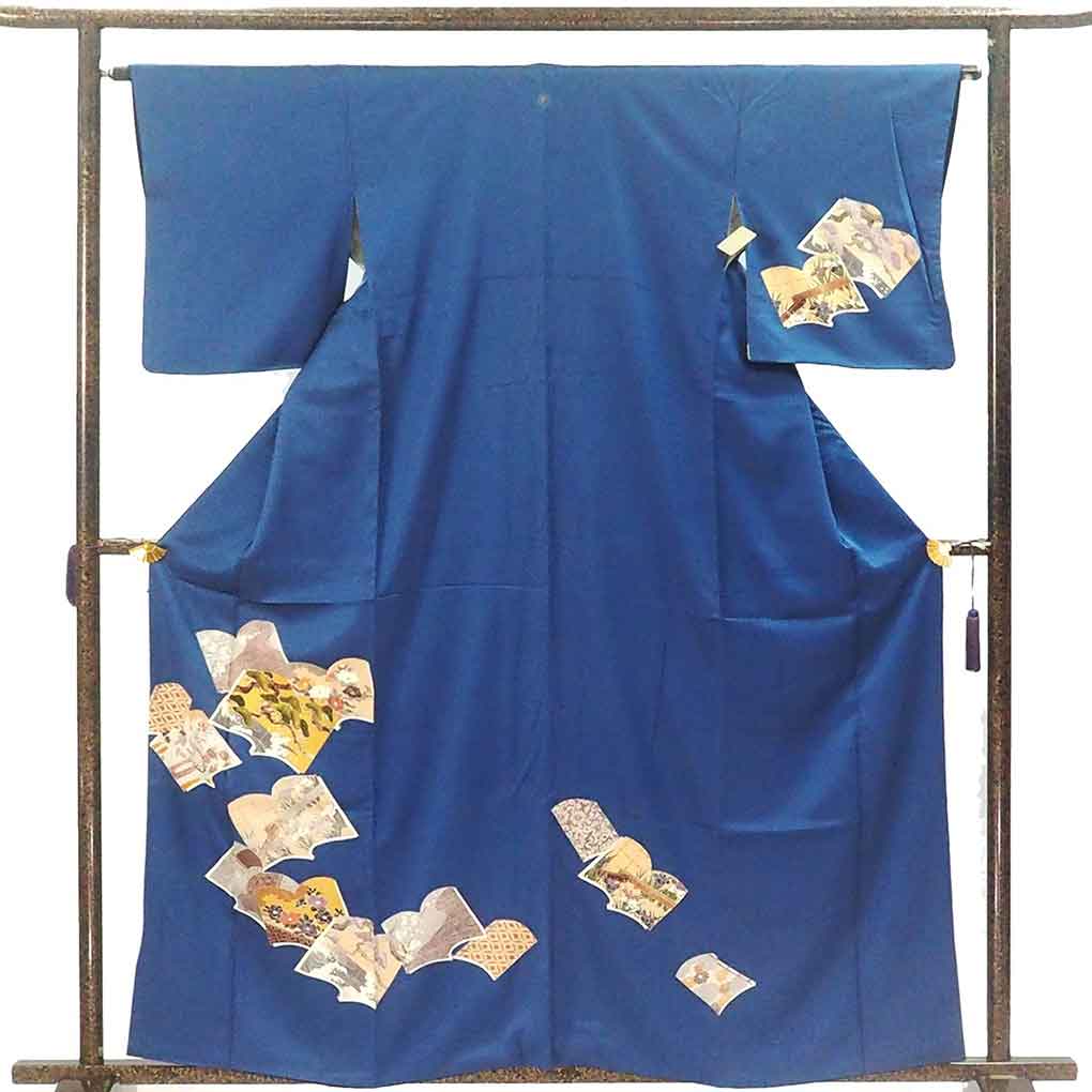 訪問着 リサイクル着物 身丈161cm 裄63cm 前幅24cm 後幅29cm 袖丈49cm 袖幅32cm レディース 袷 書物 裄Mサイズ 秋冬春用 正絹（シルク）ブルー やや難 リメイク リユース【ランクB】